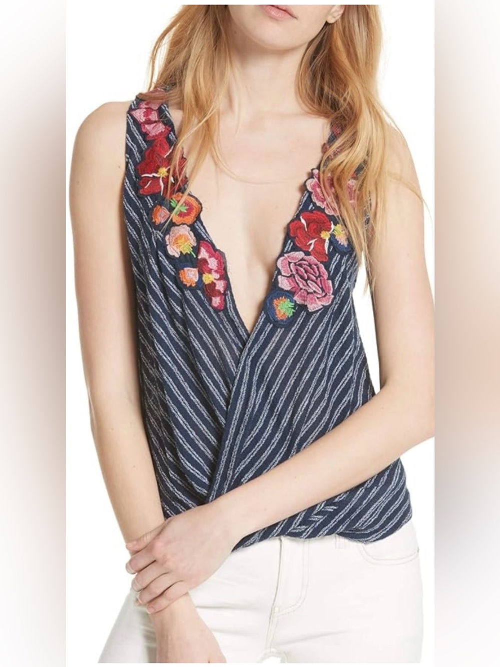 Free People 'Frida' stripe draped sleeveless wrap top w/ floral applique